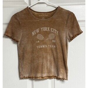 American Eagle New York City Tennis Team Cropped Shirt Size S Waffle Knit Beige